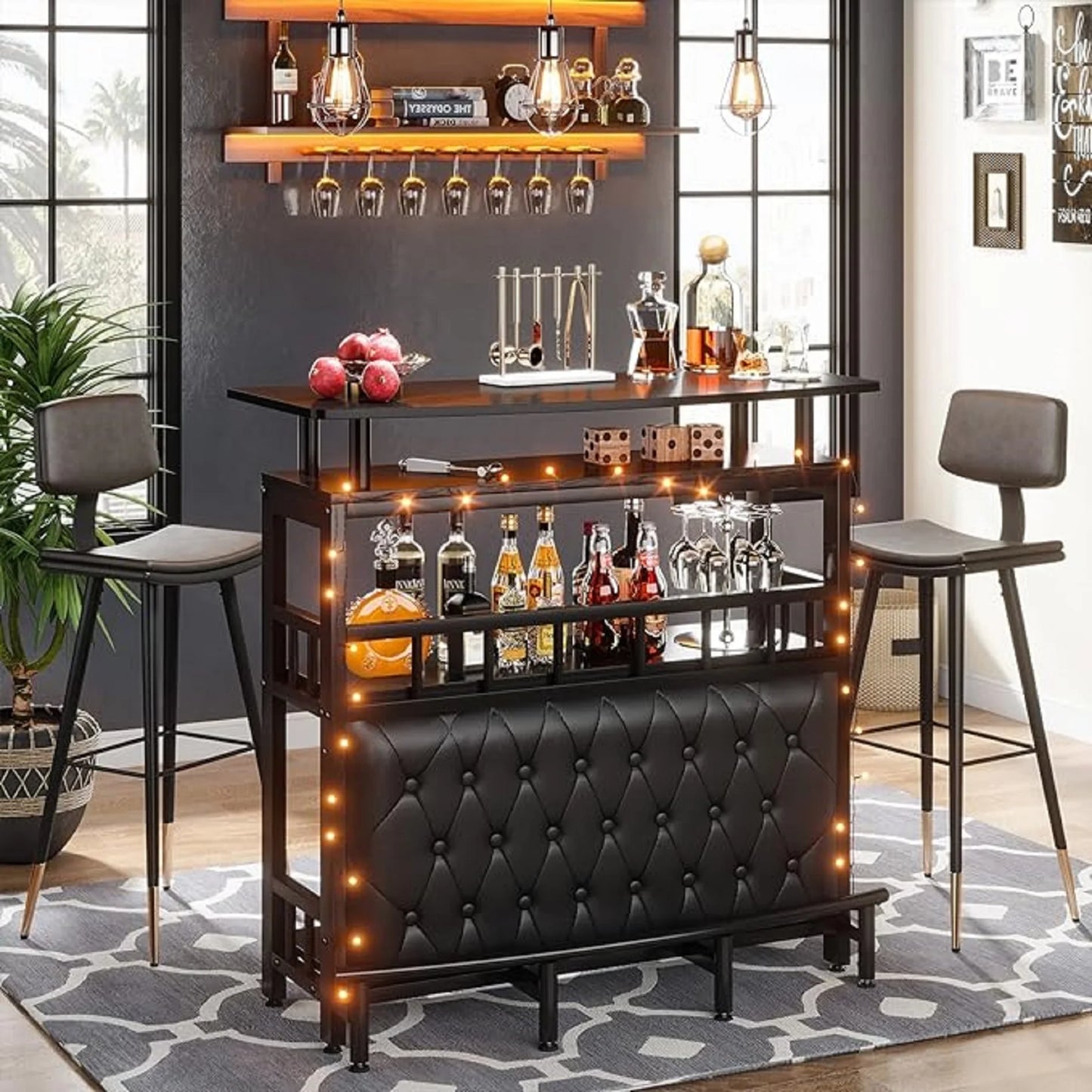 Tribesigns Home Bar Table Unit with 3 Tier Storage Shelves, Small Mini Bar Counter with Front Upholstered and Metal Footrest ShopOnlyDeal