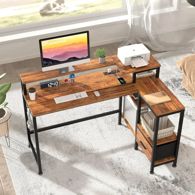 L Shaped Desk with Drawers and Power Outlet, 51 inch Computer Desk with  Printer Stand, 4 Tier Storage Shelves and Hooks ShopOnlyDeal