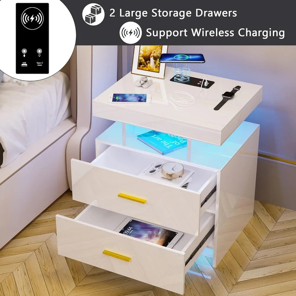 Auto LED Nightstand with Wireless Charging Station & USB Ports | Modern Bedside Table for Bedroom Furniture ShopOnlyDeal