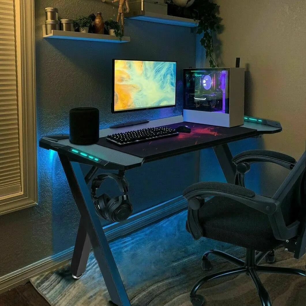 Ultimate Gaming Experience: PC Computer Gamer Desk with RGB LED Lights, Headphone Hook, and Cup Holder ShopOnlyDeal