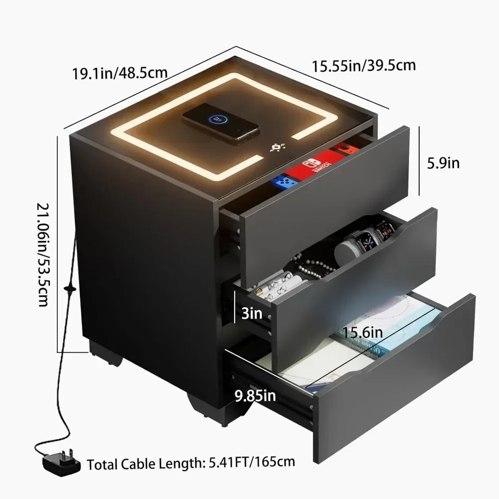 Nightstands Bedside Table with LED Lights, Charging Station and Smart Occupancy Sensor with Drawers for Bedroom Furniture ShopOnlyDeal