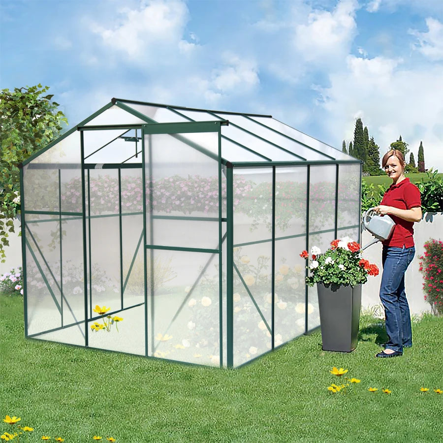 Outdoor Patio Greenhouse, Walk-in Polycarbonate Greenhouse with 2 Windows and Base,Aluminum Greenhouse with Sliding Door Green ShopOnlyDeal