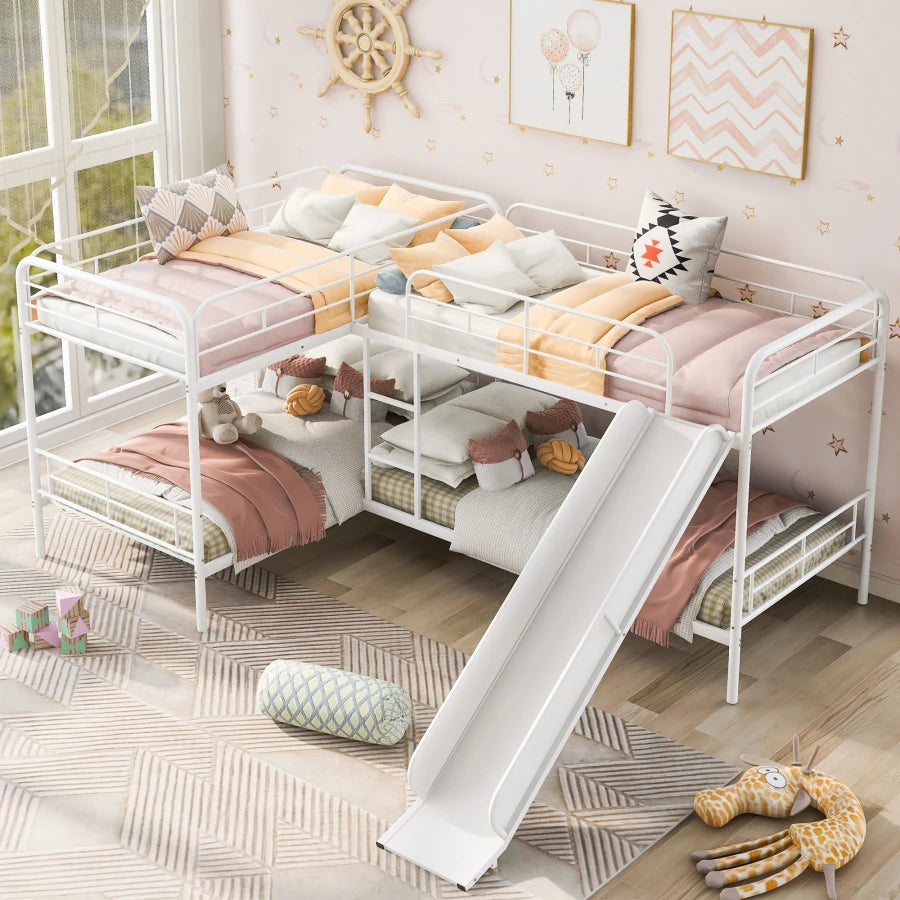 Twin Size L-Shaped Bunk Bed with Slide and Ladder, White ShopOnlyDeal