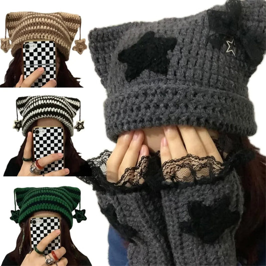 Devil Hat Y2K Crochet Stripe Pattern Cat Ear Hat Handmade Soft Winter Warmer Knitted Hat Cold Winter Presents for Students Teenagers ShopOnlyDeal