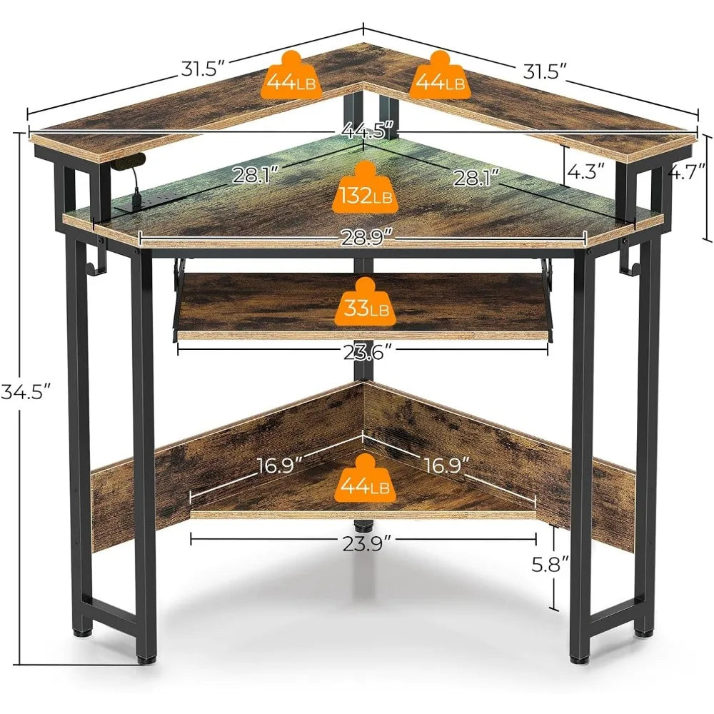 Corner Desk with Power Outlets, Gaming LED Lights, and Keyboard Tray - Compact Triangle Computer Desk in Brown ShopOnlyDeal