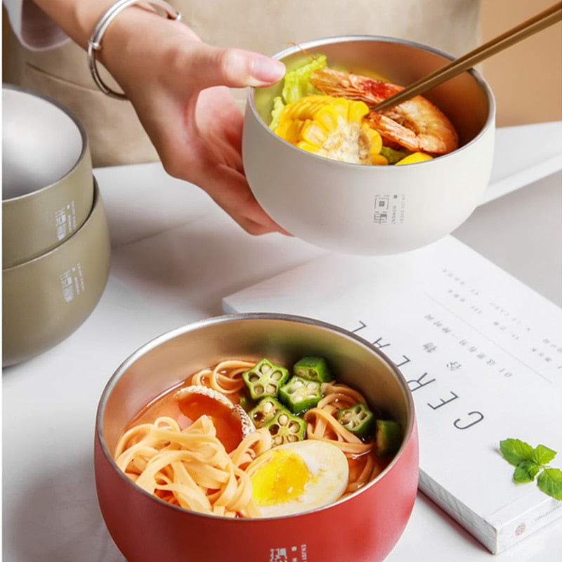 Japanese Large Ramen Bowl  Style Rice Soup Bowl with Lid Stainless Steel Kitchen Double Layer Fruit Metal Tableware Food Container ShopOnlyDeal
