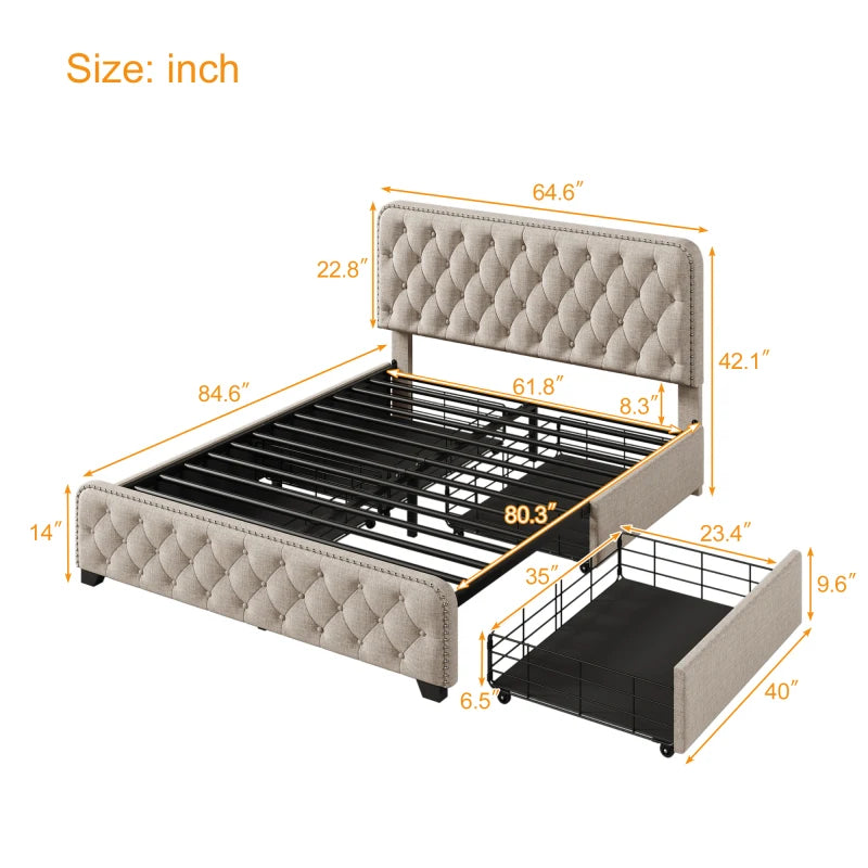 Upholstered Platform Bed with Button Tufted Headboard - Multi-Size Single Crate Frame Bed, Storage Bed with Drawers, Double Bed ShopOnlyDeal