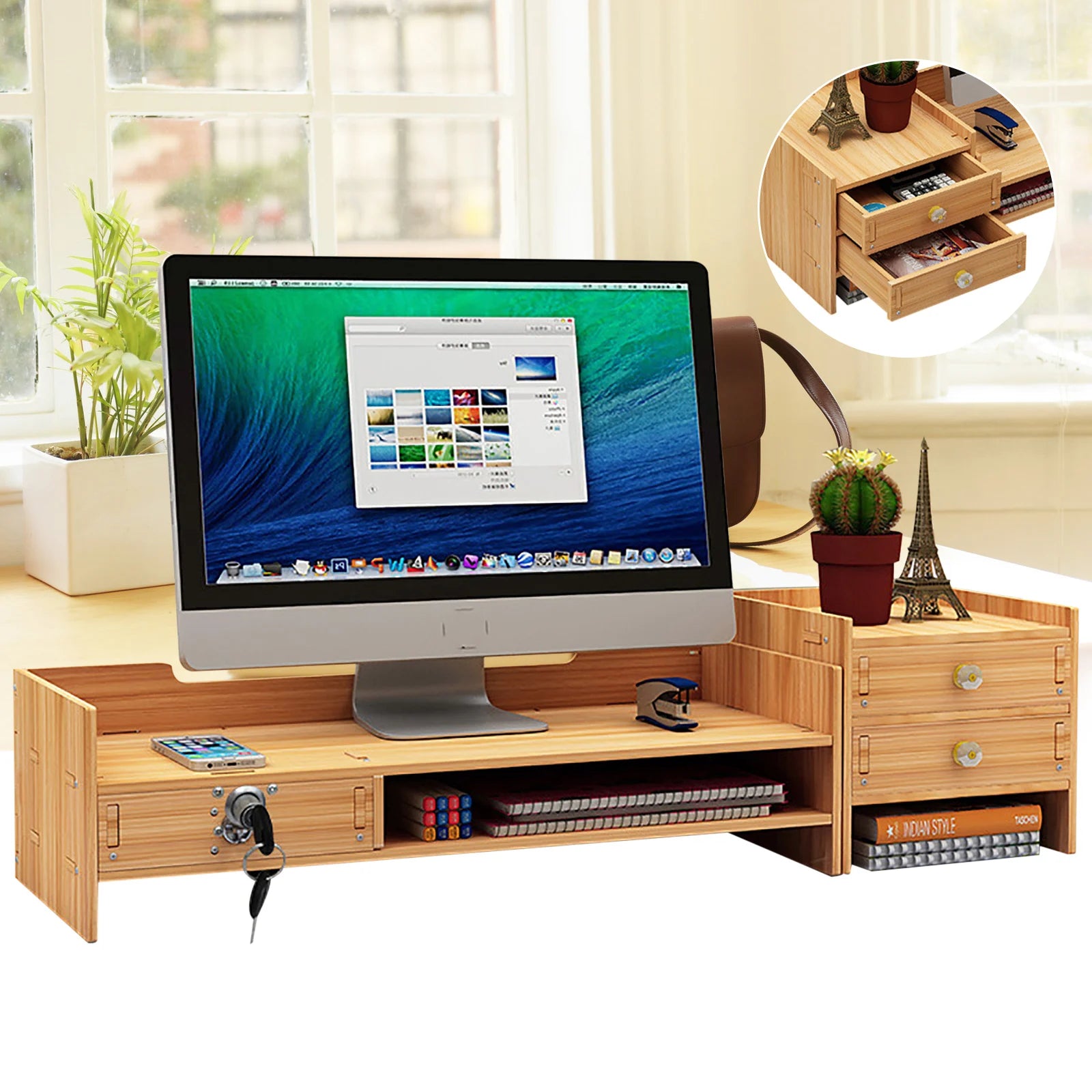 Wooden Desk Organizers with Lock, Computer Desktop Tray, Storage, Office, File ShopOnlyDeal