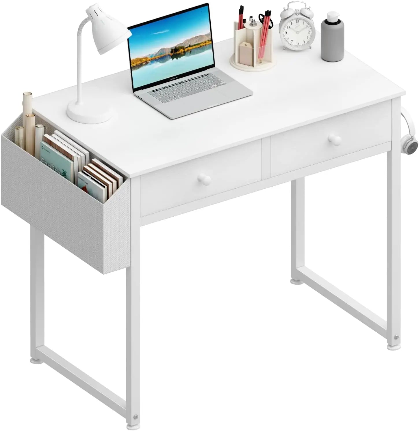 Lufeiya Small White Desk with Drawers - for Bedroom, 32 Inch Home Office Computer Desk with Fabric Storage Drawer and Bag, Study ShopOnlyDeal