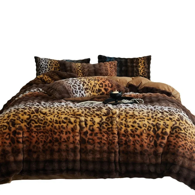 New Leopard Print Milk Fleece Plush Thickened Winter Warm Four-piece Gradient Quilt Cover Sheet Quilt Cover Blanket Bedding Set ShopOnlyDeal