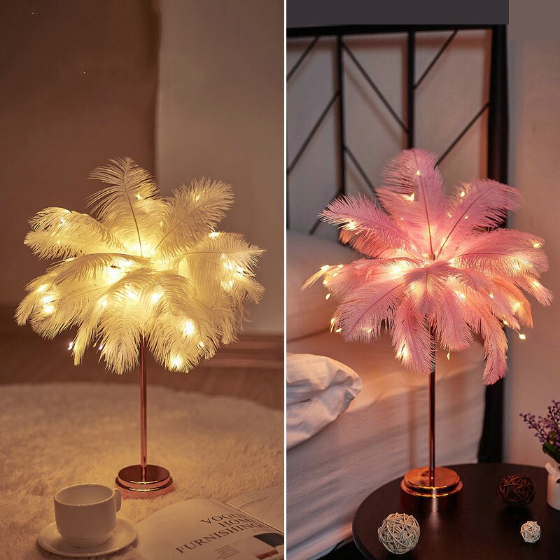 Feather Lamp Home Decoration Bedroom LED Night Light iHotel ns Girl Heart Bedside Lamp Modern Wedding Decoration Small Lantern Festive Gift ShopOnlyDeal