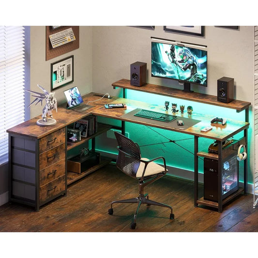 61" L Shaped Desk with Drawer, Computer Desk with Power Outlets & LED Lights ShopOnlyDeal