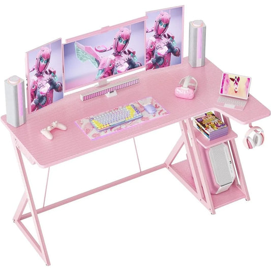 55-Inch L-Shaped Gaming Desk with Carbon Fiber Surface and Storage Shelves - Stylish Pink Gamer PC Table ShopOnlyDeal