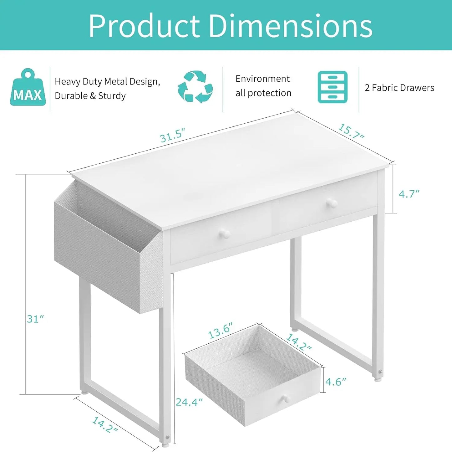 Sleek and Functional: Small White Desk with Drawers - Perfect for Bedroom or Home Office, 32 Inch Computer Desk with Fabric Storage Drawer and Bag ShopOnlyDeal