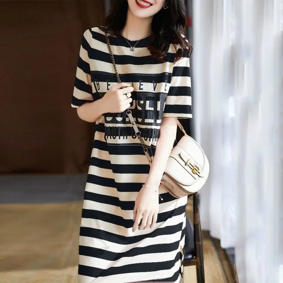 Striped Print Short Sleeve Midi Dress | Summer Aesthetic Clothes | Korean Fashion Casual Harajuku Dresses for Women 2024 ShopOnlyDeal