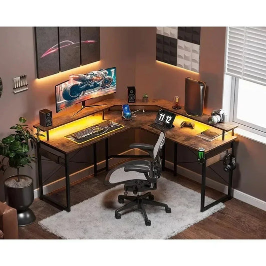 Gaming Powerhouse: 51" L Shaped Gaming Desk with LED Lights, Full Monitor Stand, and Integrated Power Outlets - Corner Desk with Cup Holder for Ultimate Gaming Setup ShopOnlyDeal