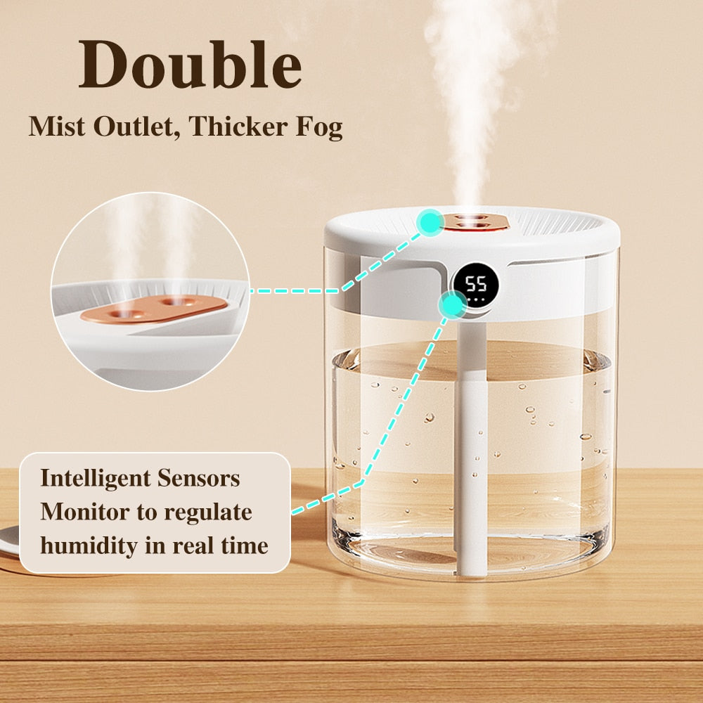 Air Humidifier 2L Large Capacity H2O Double Nozzle With LCD Humidity Display Aroma Essential Oil Diffuser For Home Portable USB ShopOnlyDeal