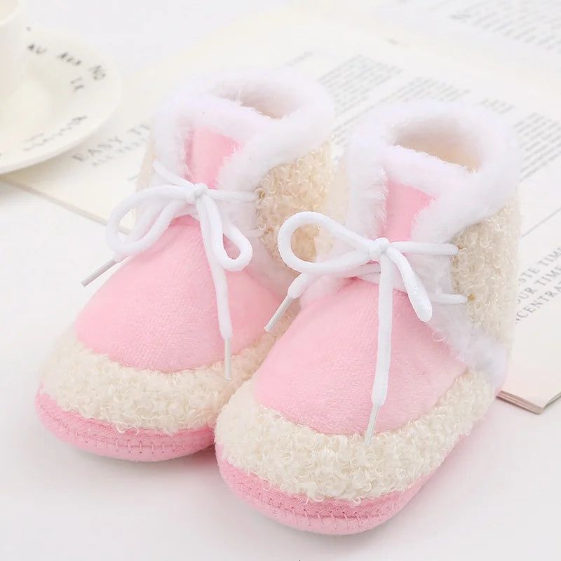 Korean Style Patchwork Plush Baby Shoes - Soft Sole, Cotton Padded, Lace-up Snow Boots for Adorable Boys and Girls 0-18M ShopOnlyDeal