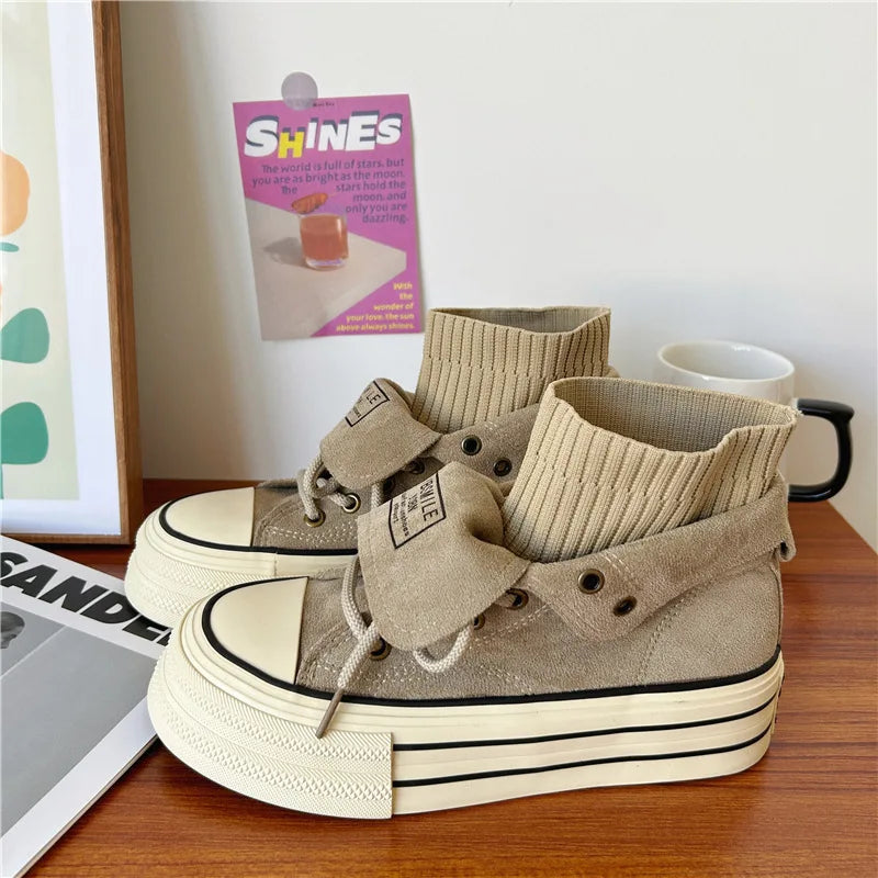 Vintage High-top Shoes for Women Platform Casual Hong Kong Style Faux Suede Athletic Shoes Comfortable Elegant Footwear ShopOnlyDeal