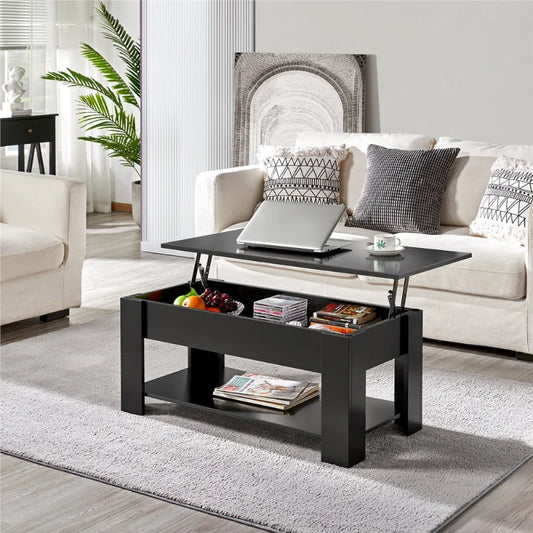 Coffee Table Modern 38.6" Wood Lift Top Coffee Table with Lower Shelf, Black ShopOnlyDeal