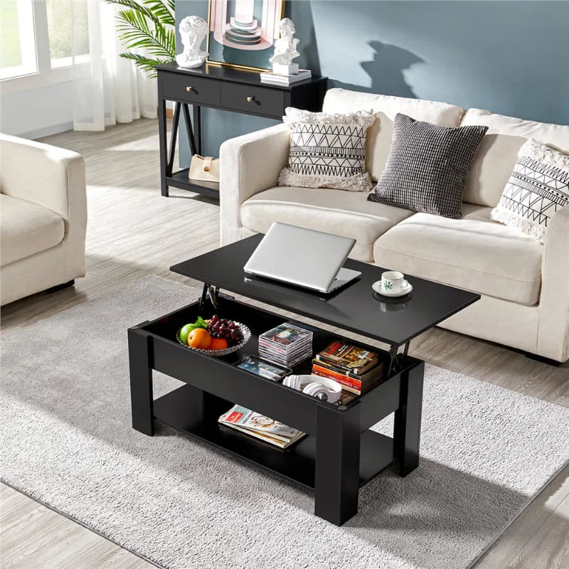 Coffee Table Modern 38.6" Wood Lift Top Coffee Table with Lower Shelf, Black ShopOnlyDeal