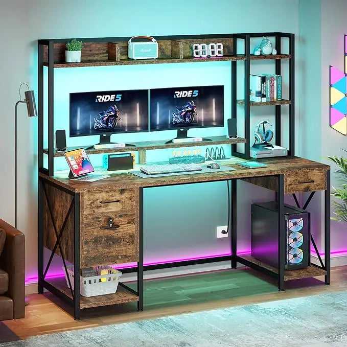 Computer Desk with Drawers & Hutch, 59.1" Office Desk with LED Lights & Power Outlets, Gaming Desk with Monitor Stand ShopOnlyDeal