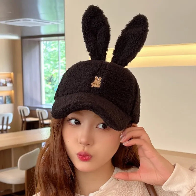 Casual Cute Rabbit Ears Baseball Cap - Fall and Winter Show Face Small Hundred with Lamb's Wool Duck Tongue Hat - Warm Rebound Cap ShopOnlyDeal