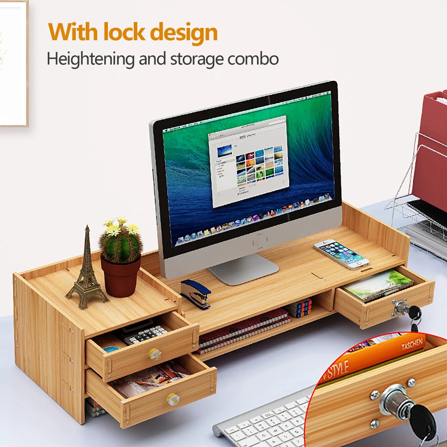 Wooden Desk Organizers with Lock, Computer Desktop Tray, Storage, Office, File ShopOnlyDeal