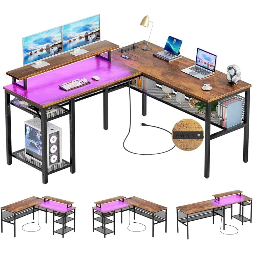 L Shaped Desk with Magic Power Outlets and Smart Strip Light,Reversible 55 Inch Corner Computer Desks withs Monitor Stand,Brown ShopOnlyDeal