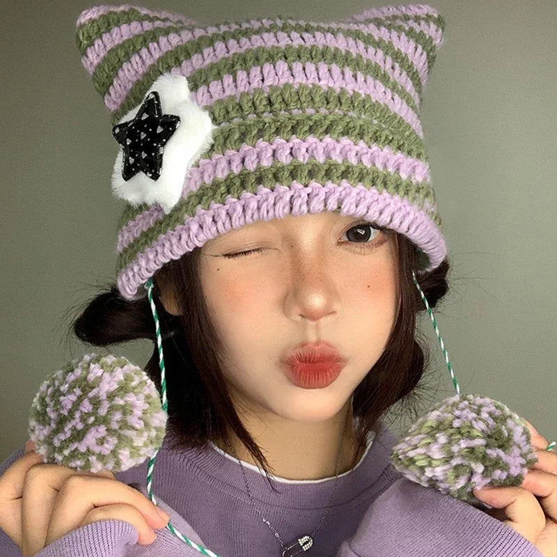 Y2K Cute Star Devil Knitted Beanie Hat Ins Skullies Striped Knitting Wool Cap Autumn Winter Cat Ears Pointed Pullover Women Hats ShopOnlyDeal