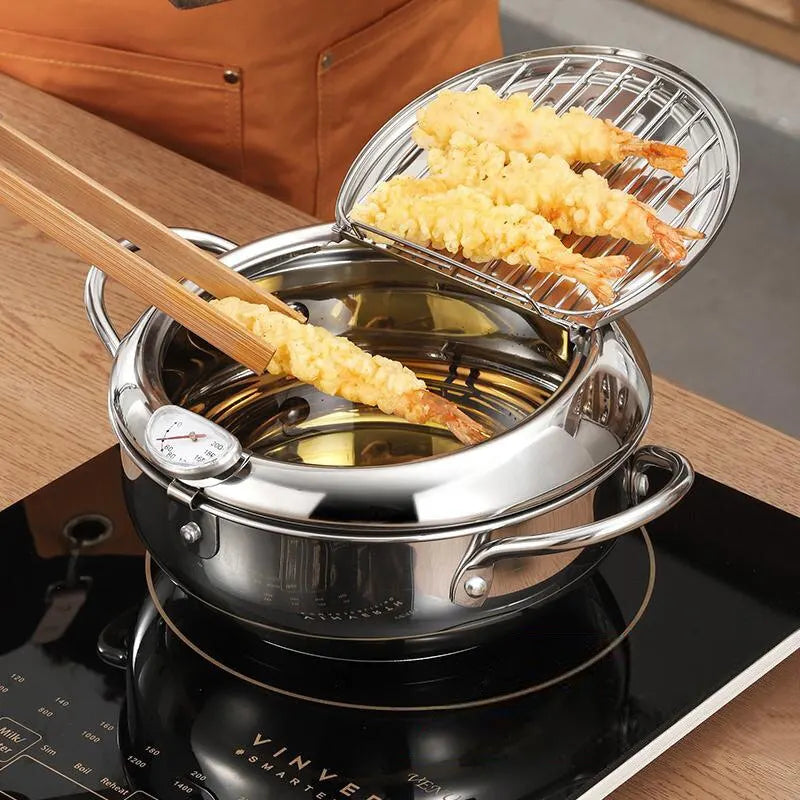 Stainless Steel Oil Pan with Thermometer and Cover - Household Tempura Oil Fryer - Small Oil-Saving French Fries Frying Pan ShopOnlyDeal