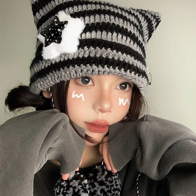 Y2K Cute Star Devil Knitted Beanie Hat Ins Skullies Striped Knitting Wool Cap Autumn Winter Cat Ears Pointed Pullover Women Hats ShopOnlyDeal