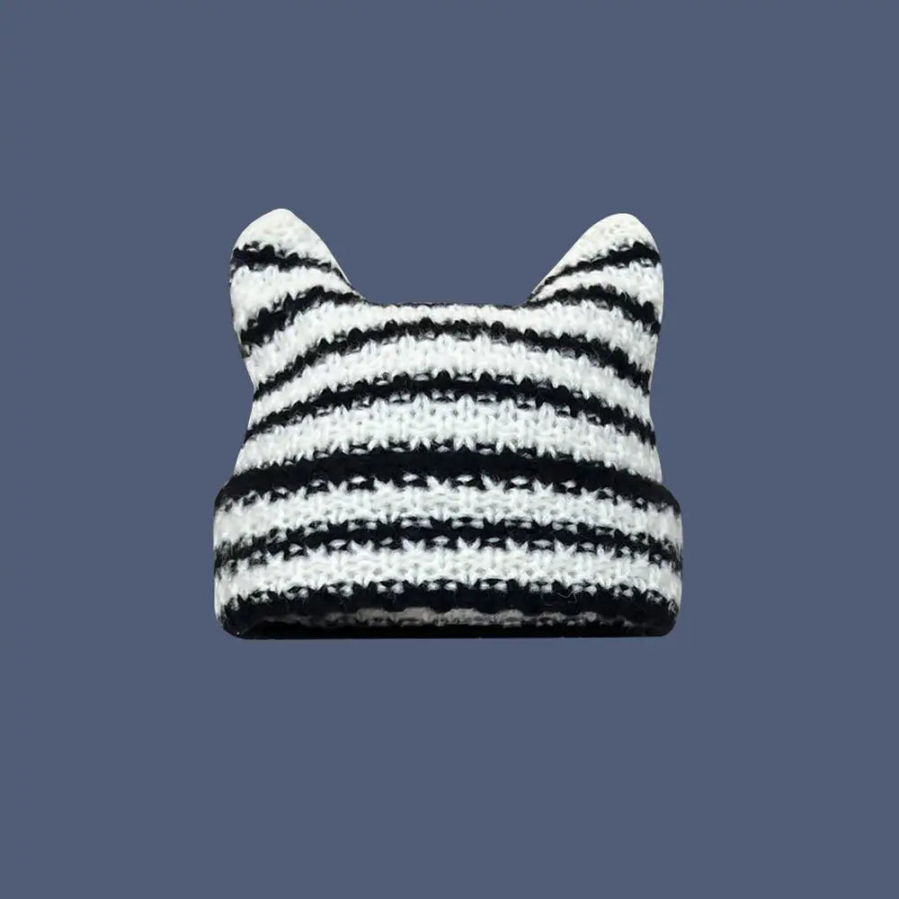 Devil Hat Y2K Crochet Stripe Pattern Cat Ear Hat Handmade Soft Winter Warmer Knitted Hat Cold Winter Presents for Students Teenagers ShopOnlyDeal