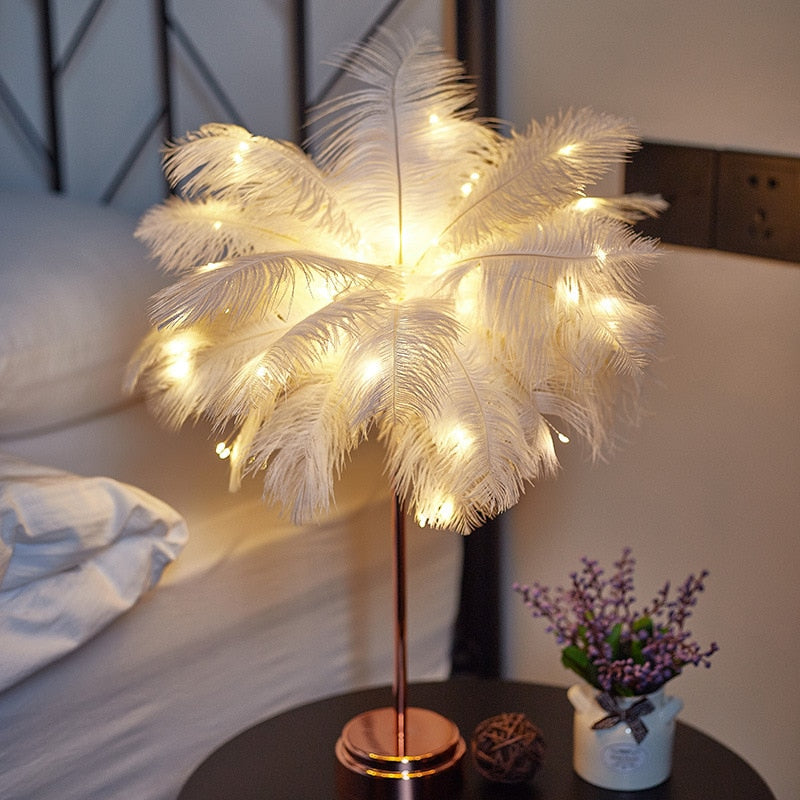 Feather Lamp Home Decoration Bedroom LED Night Light iHotel ns Girl Heart Bedside Lamp Modern Wedding Decoration Small Lantern Festive Gift ShopOnlyDeal