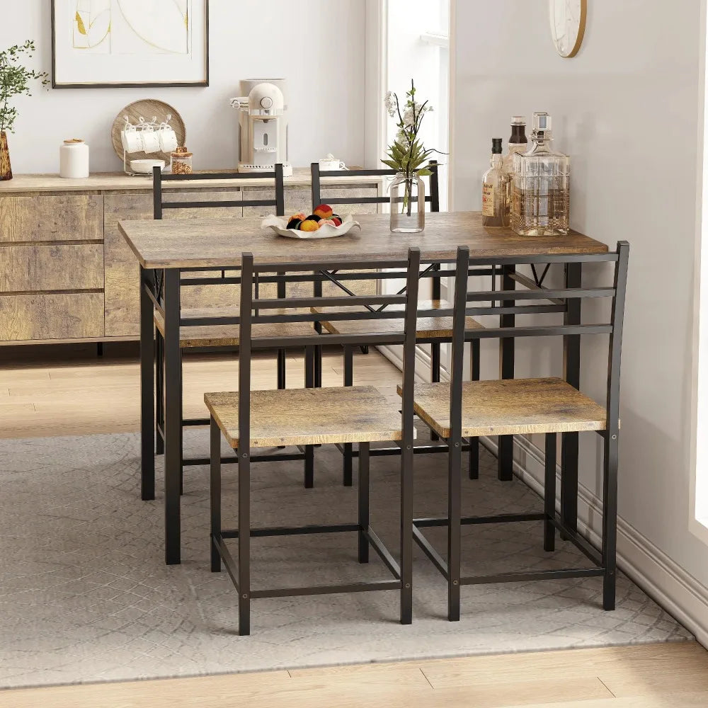 Dining Table Set 5 Piece Dining Set,Wood Metal 42" Dinings Tables and 4 Chairs Home Kitchen Breakfast Furniture-Black Smoked Oak ShopOnlyDeal