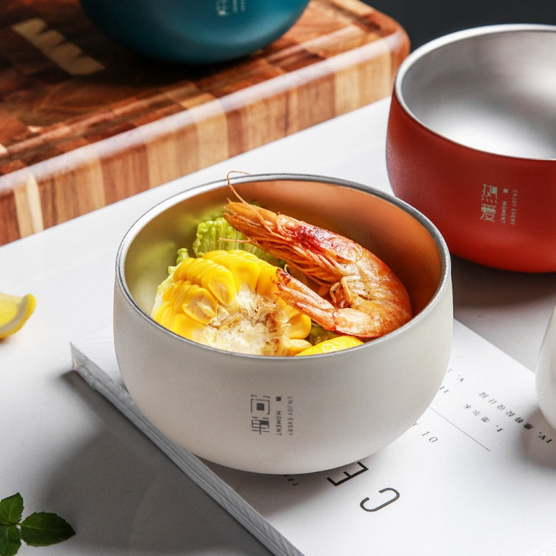 Japanese Large Ramen Bowl  Style Rice Soup Bowl with Lid Stainless Steel Kitchen Double Layer Fruit Metal Tableware Food Container ShopOnlyDeal