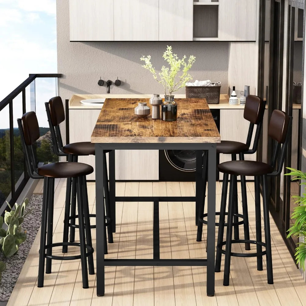 Industrial Wood Kitchen Dining Table Set with 4 PU Upholstered Chairs - 5 Pieces Home Kitchen Set with Backrest ShopOnlyDeal