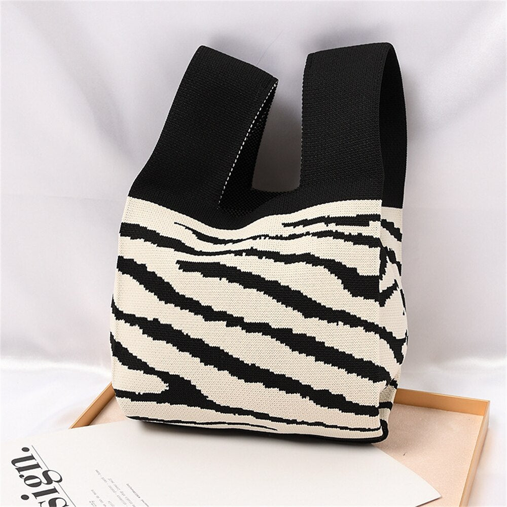 Knitted Tote Bag Wrist Bag Women Boho Bag Casual Shoulder Tote Bag Mini Plaid Knot Wrist Bag Female Reusable Shopping Bags Woven Handbag ShopOnlyDeal