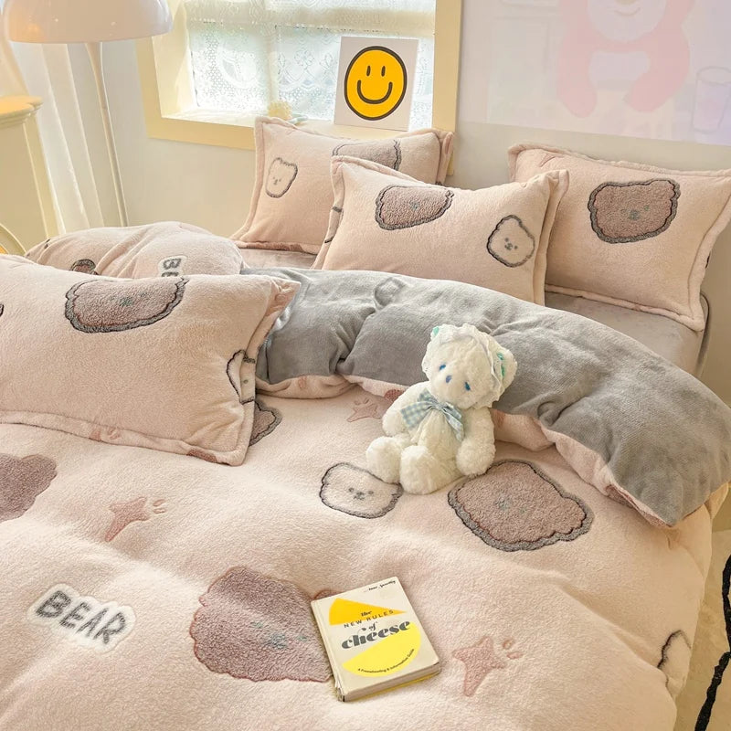 Luxury Plush Bedding Set - Embrace Winter's Warmth in Style - Luxury Autumn Winter Warm Thick Bedding Set Plush Kawaii Mink Velvet Queen Duvet Cover Set with Sheets Single Double Pillowcases ShopOnlyDeal