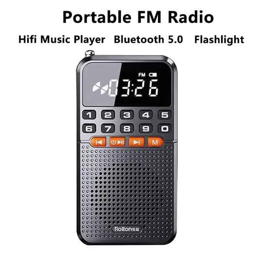 Portable FM Mini Radio Dual Antenna Pocket Radio Receiver Bluetooth 5.0 Speaker TF Card Music Player with LED  Flashlight ShopOnlyDeal