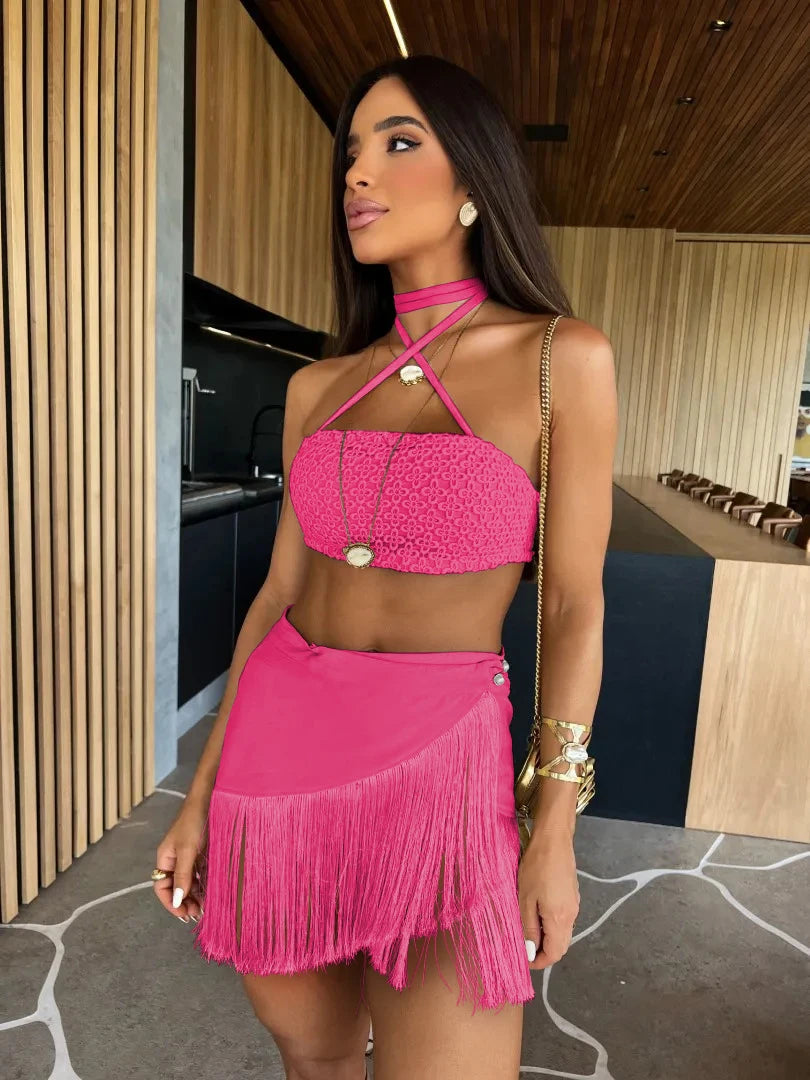 Summer Sexy Tassel Women Two Piece Bikini Set Halter Lace Bra Tassel Mini Skirt Suit Beach Vacation Casual Female Bathing Suit ShopOnlyDeal