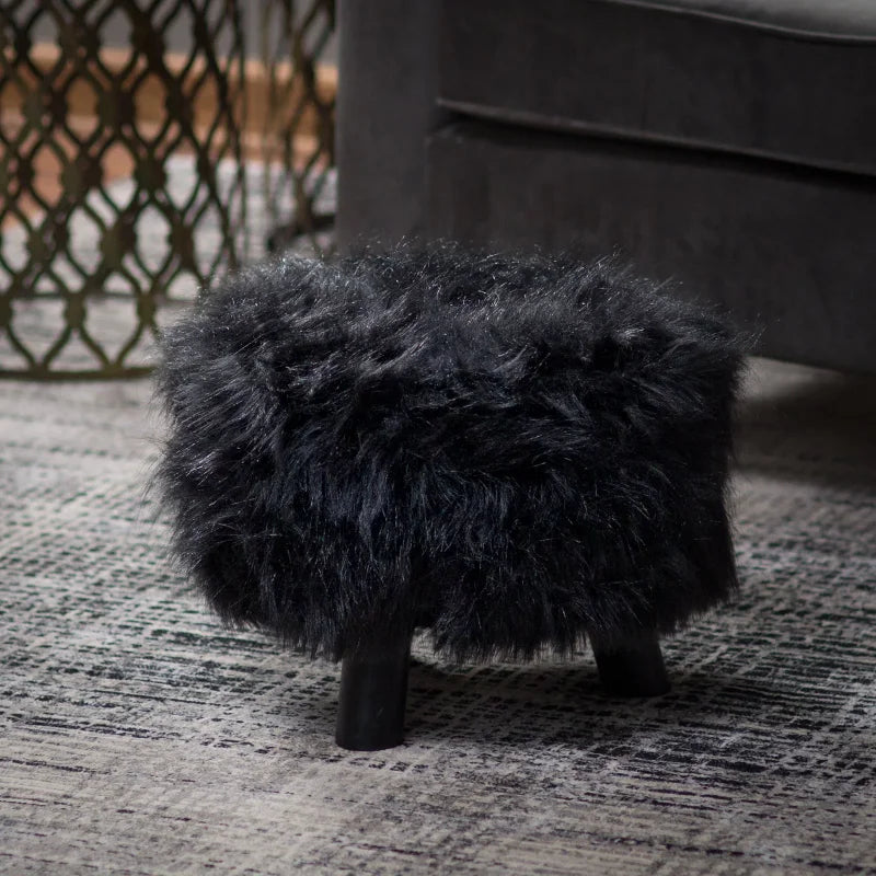 Faux Fluffy Foot Stool Upholstered Wooden Foot Stool with 3 Leg Support, Black stool chair  space saving furniture ShopOnlyDeal