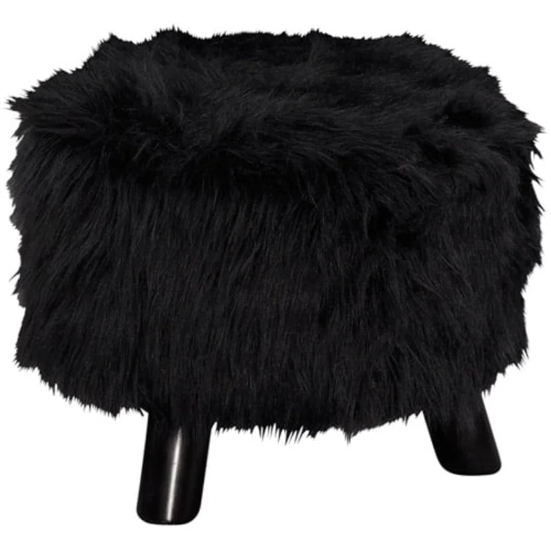 Faux Fluffy Foot Stool Upholstered Wooden Foot Stool with 3 Leg Support, Black stool chair  space saving furniture ShopOnlyDeal