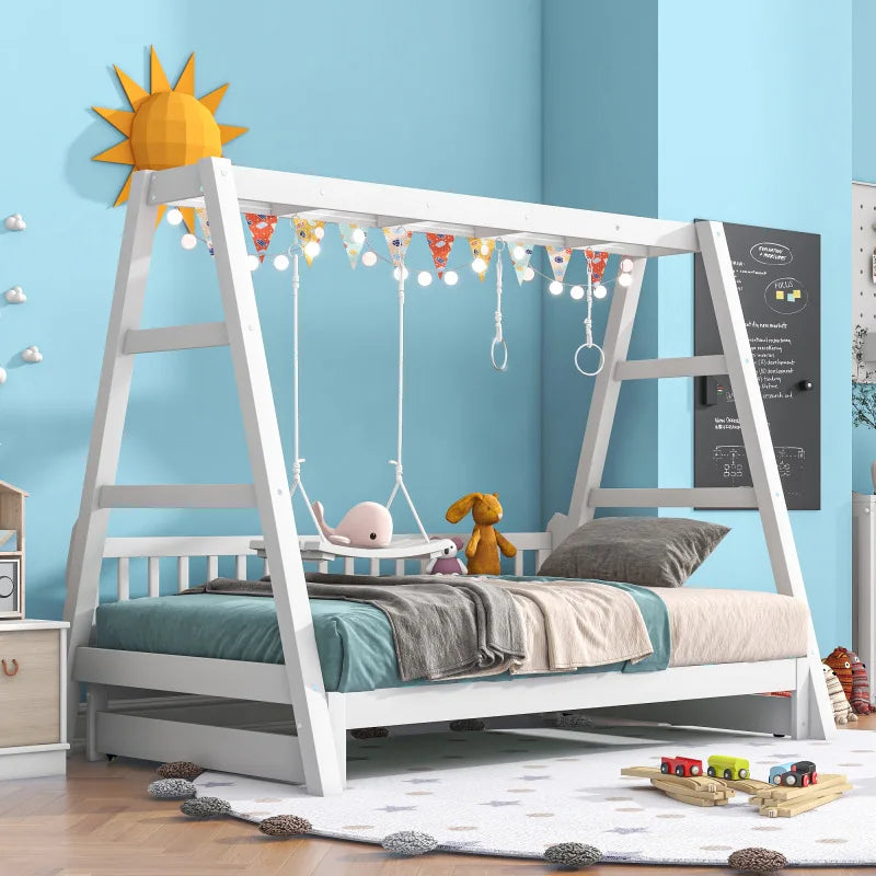 Modern design retractable wooden children's bed with swinging and circular handles, youth bed, double bed, baby crib ShopOnlyDeal