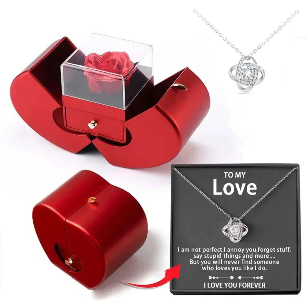 Christmas Gift Red Apple Jewelry Box Necklace with Eternal Rose - Perfect for Girls, Mother's Day, New Year, Valentine's Day Gifts 🍎💖🎁 ShopOnlyDeal