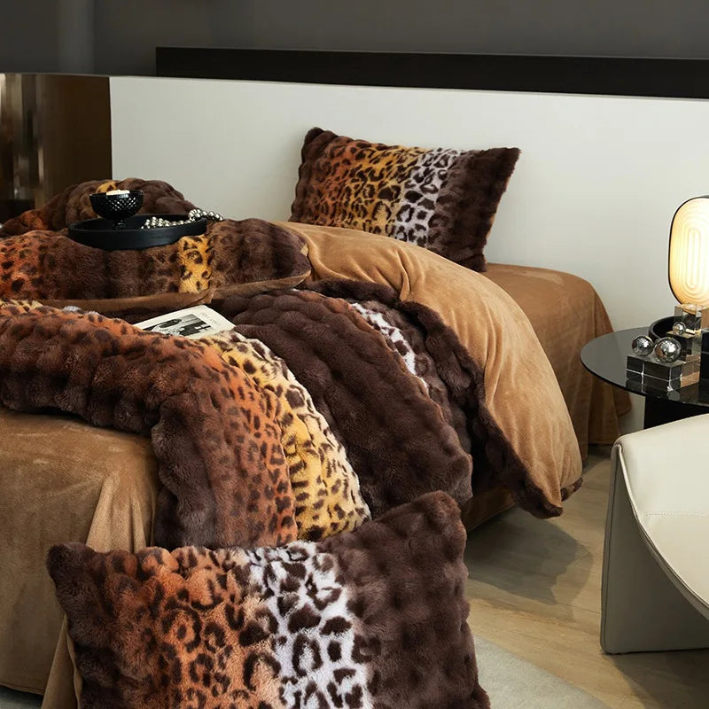 New Leopard Print Milk Fleece Plush Thickened Winter Warm Four-piece Gradient Quilt Cover Sheet Quilt Cover Blanket Bedding Set ShopOnlyDeal