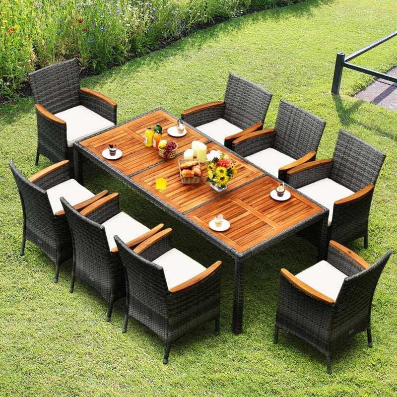 9 Pieces Rattan Patio Dining Set with Acacia Wood Table and Cushioned Chair Garden Furniture Outdoor Sofa ShopOnlyDeal