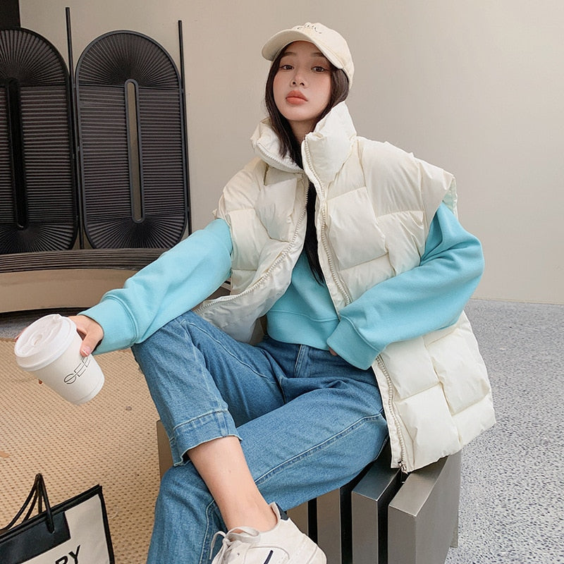 Winter Jackets For Women 2022 Korean Fashion Cotton Padded Down Vest Loose Warm Thick Zipper Waistcoat Autumn Sleveless ShopOnlyDeal