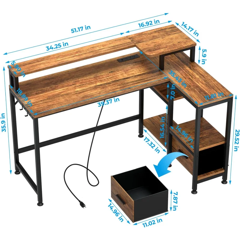 L Shaped Desk with Drawers and Power Outlet, 51 inch Computer Desk with  Printer Stand, 4 Tier Storage Shelves and Hooks ShopOnlyDeal