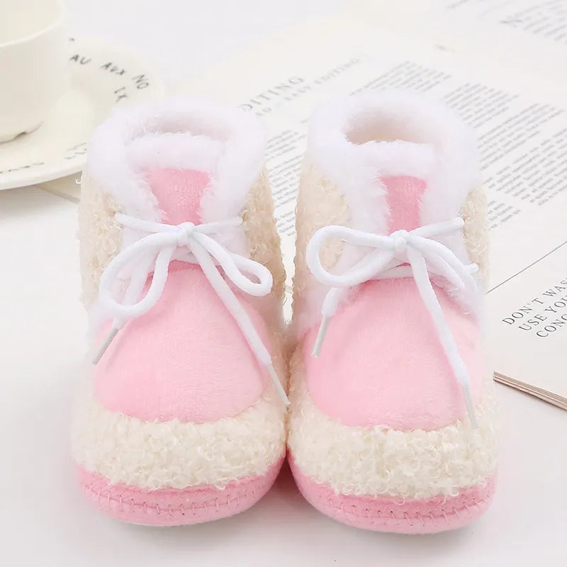 Korean Style Patchwork Plush Baby Shoes - Soft Sole, Cotton Padded, Lace-up Snow Boots for Adorable Boys and Girls 0-18M ShopOnlyDeal